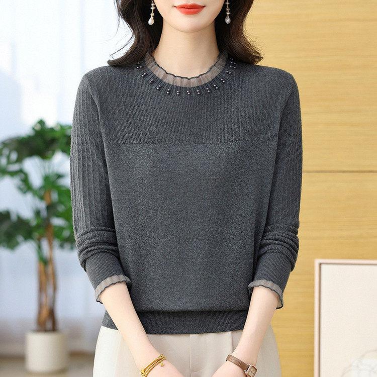 2026新款春季钉珠圆领针织衫女宽松套头打底衫洋气上衣大码薄款