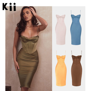 Kii正品美国House of CB缎面半罩杯褶领口紧身鱼骨胸衣吊带连衣裙