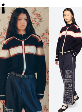 Kii少量现货Sea Nen York荷叶边立领撞色羊毛针织拉链开衫Hester