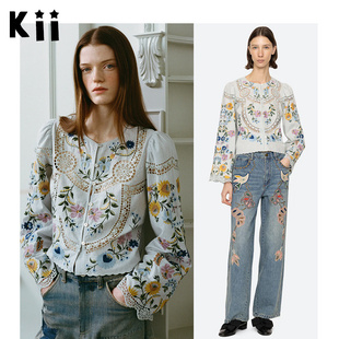 Kii美国代购Sea New York 小众Celia刺绣长袖上衣+刺绣牛仔长裤