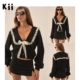开衫 Kii美国现货For 蕾丝缎带边V领毛衣 Lemons 黑色短款 Love