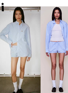 Kii买手店正品Guizio套装25ss蓝色条纹小熊刺绣长袖衬衫花苞短裤