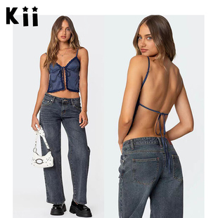 Kii正品现货Edikted美式辣风蕾丝拼接性感系带露背短款吊带背心