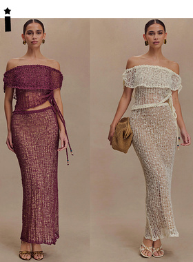 Kii正品代购 Meshki 针织网眼一字肩上衣垂坠半身裙套装Cordelia