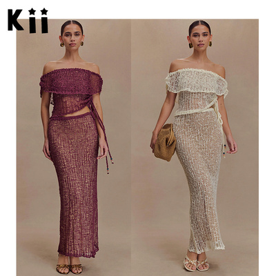 Meshki针织翻领一字肩上衣半裙