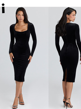 Kii美国正品Houseof CB 黑色25秋冬长袖方领天鹅绒中长连衣裙Asha