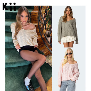 Kii部分现货正品Edikted 纯色绞花宽松V领针织长袖毛衣打底衫女