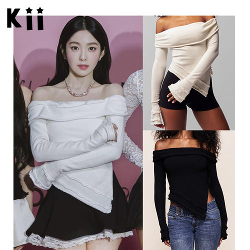 Guizio一字肩不规则针织衫毛衣