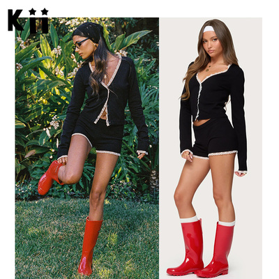 Kii部分现货正品Edikted 小众春秋款V领蕾丝花边开衫上衣短裤套装