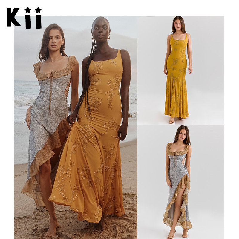 Kii部分现货House of CB手工珠绣装饰连衣裙 腰果印花荷叶边长裙