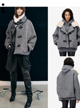 Kii法国现货折扣IRO Night灰色毛领皮革包边按扣大大衣外套DUFFLE