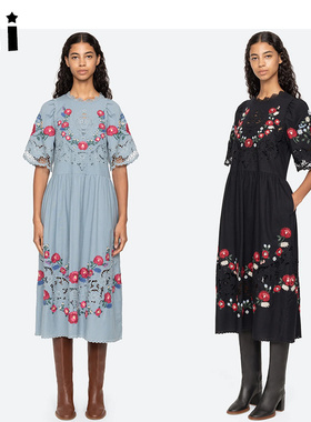 Kii美国代购Sea New York刺绣连衣裙蕾丝边泡泡袖中长裙Rosaline