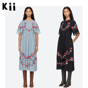 Kii美国购 Sea New York刺绣连衣裙蕾丝边泡泡袖中长裙Rosaline