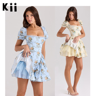 Kii美国部分现货House of CB 鱼骨方领泡泡袖棉质迷你连衣裙Rosie