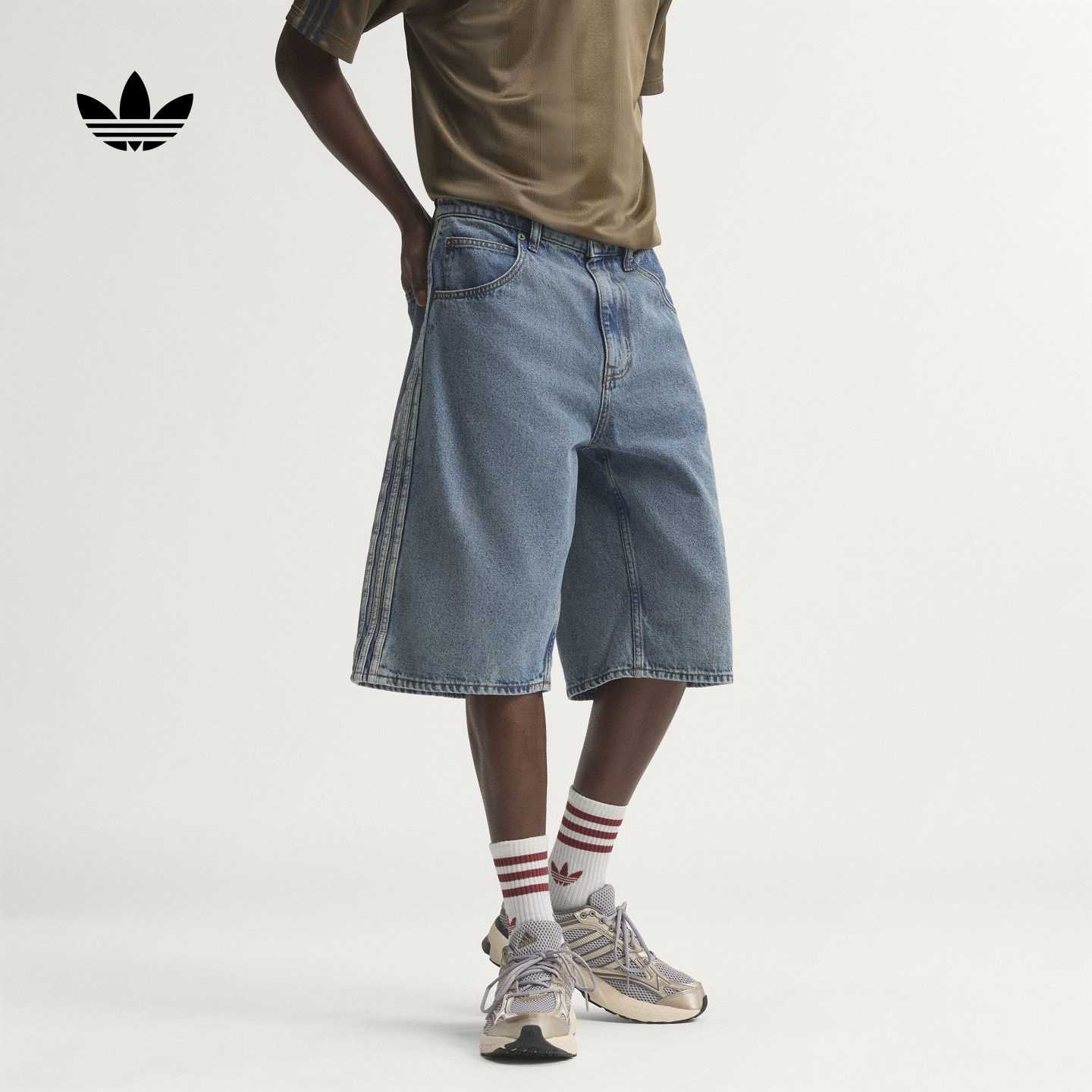 三条纹中腰直筒运动牛仔短裤男装夏季新款adidas阿迪达斯三叶草