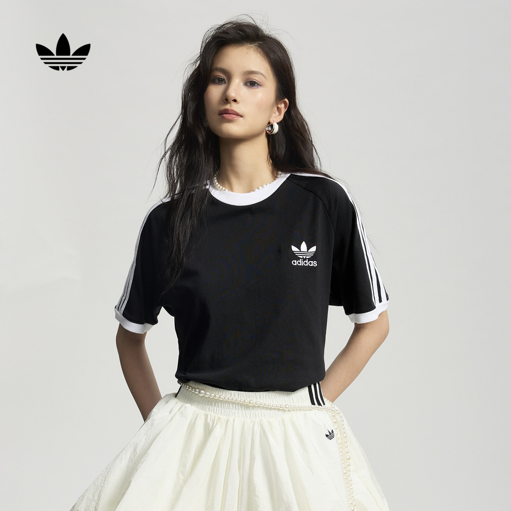 三条纹修身纯棉运动上衣圆领短袖T恤男女夏adidas阿迪达斯三叶草