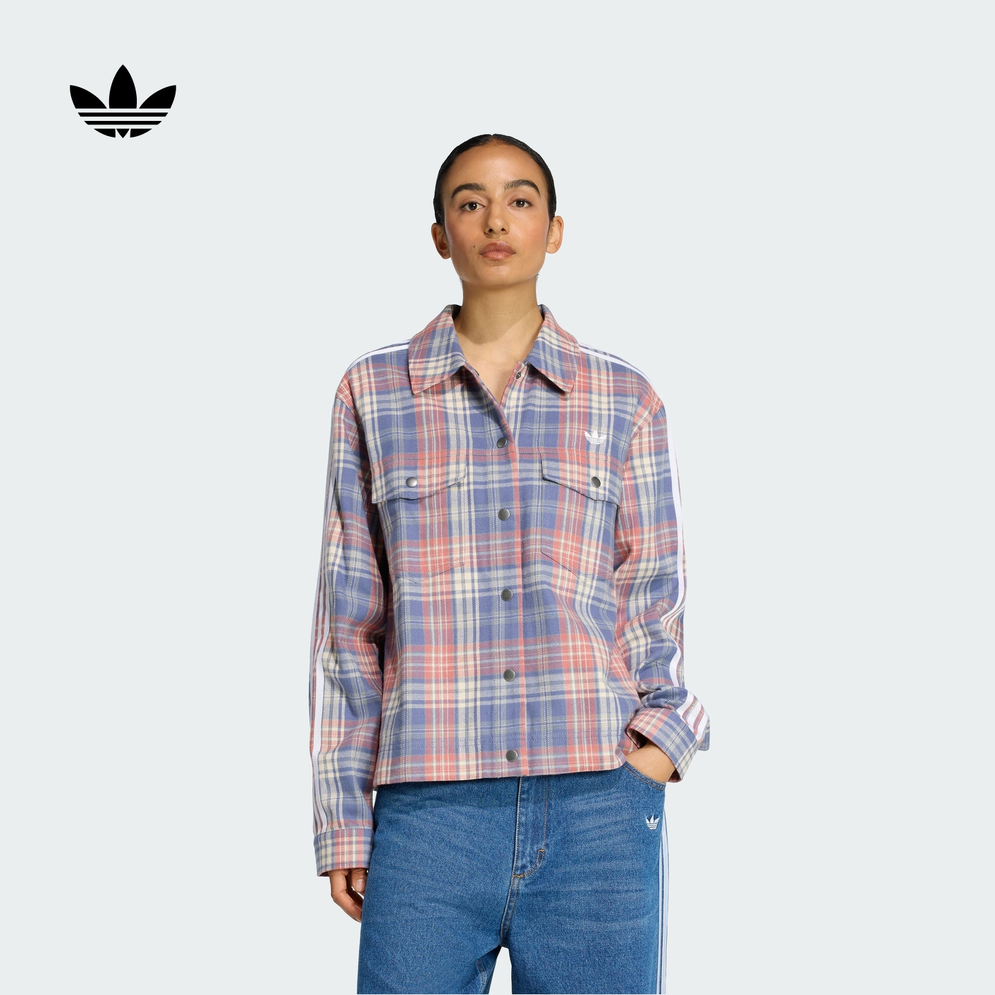 美式印花格纹纯棉运动夹克外套女秋冬新款adidas阿迪达斯三叶草