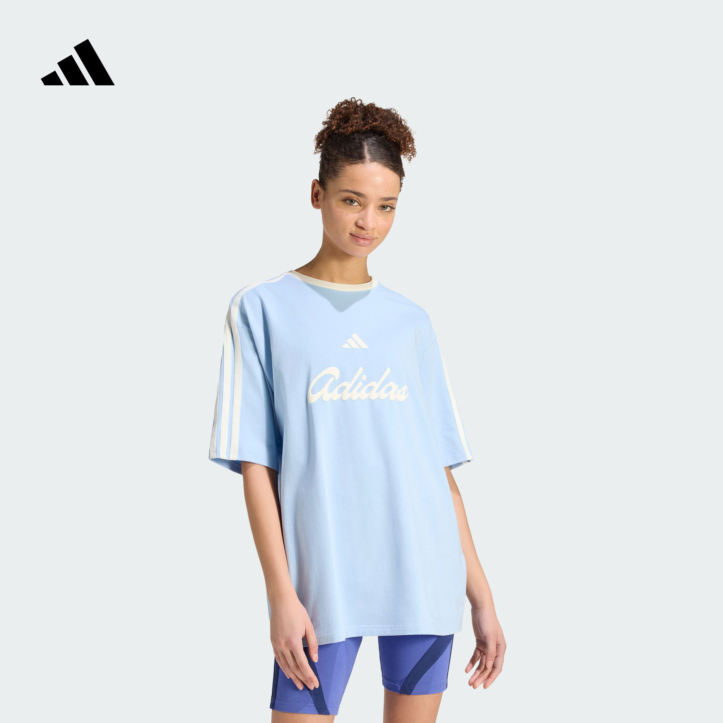 休闲三条纹宽松针织亲肤短袖T恤女夏季新款adidas阿迪达斯轻运动