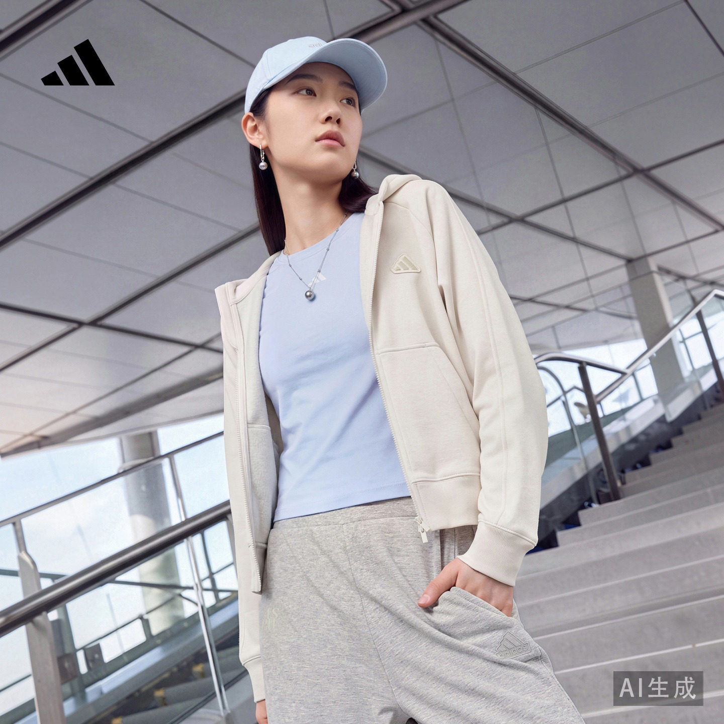 休闲加绒宽松运动连帽夹克外套拉链卫衣女装秋季adidas阿迪达斯