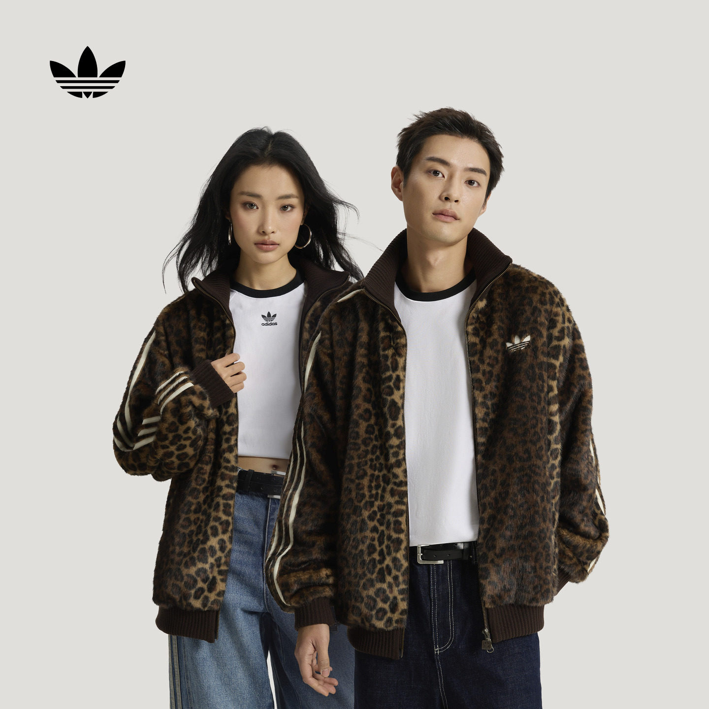 舒适百搭针织豹纹印花仿皮草夹克外套男女adidas阿迪达斯三叶草