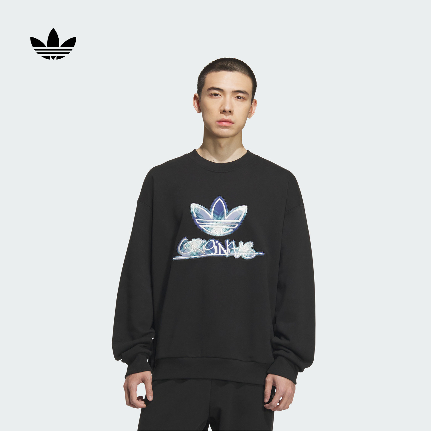 毛圈布宽松舒适格纹印花百搭运动套头卫衣男adidas阿迪达斯三叶草