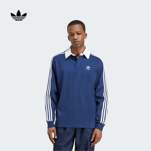 纯棉复古橄榄球运动长袖 男秋冬adidas阿迪达斯三叶草 POLO衫