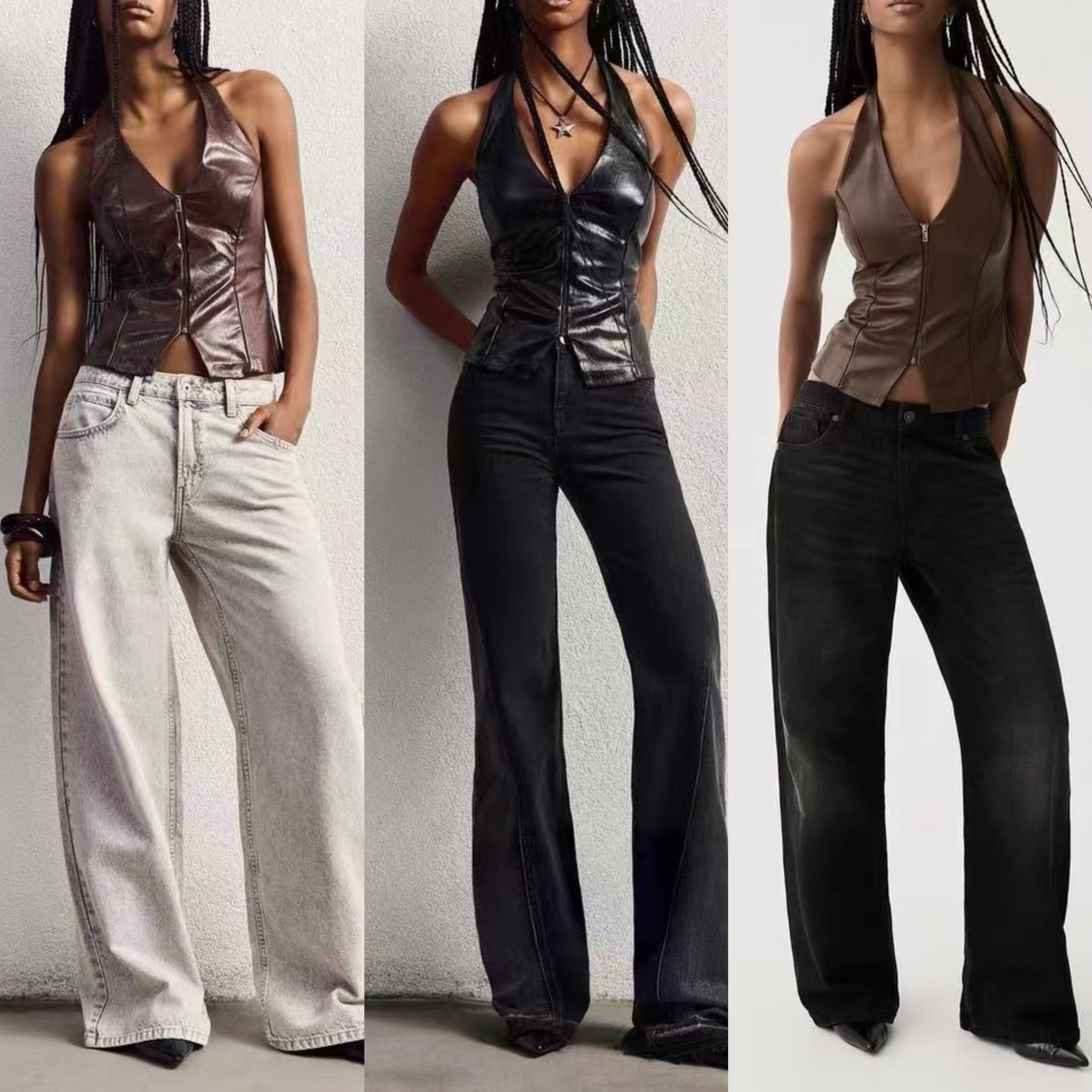 走戏班牙！时尚拉链门襟V领挂脖修身收腰性感显瘦PU皮吊带背心女