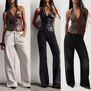 拉链门襟V领挂脖修身 收腰性感显瘦PU皮吊带背心女 时尚 走戏班牙