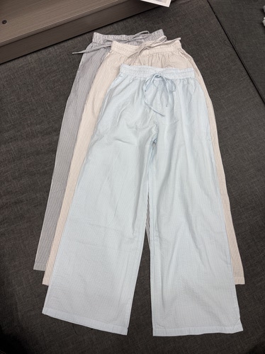 H家外贸原单女装休闲百搭森系舒适松紧腰抽绳宽松直筒条纹裤