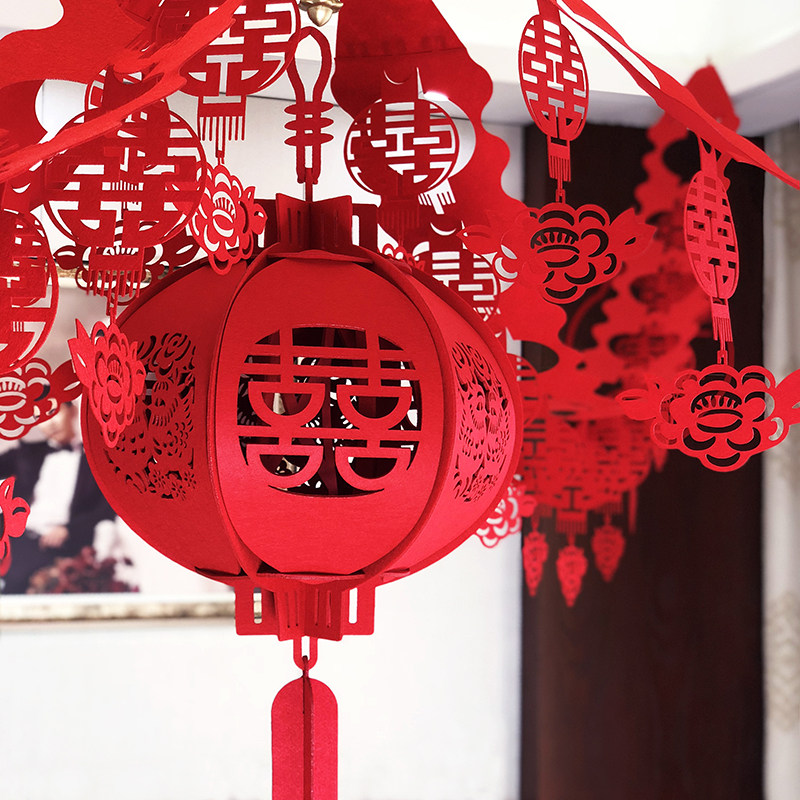 精品无纺布双喜鸳鸯灯笼中式拉花婚房布置卧室装饰结婚用品大全