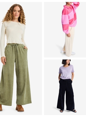 9E2 澳洲ROXY女士棉弹灯芯绒阔腿裤春秋女装纯色刺绣松紧腰休闲裤