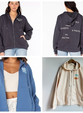 5C2 澳洲ROXY女士棉拉绒连帽卫衣秋冬女装宽松字母印花拉链外套