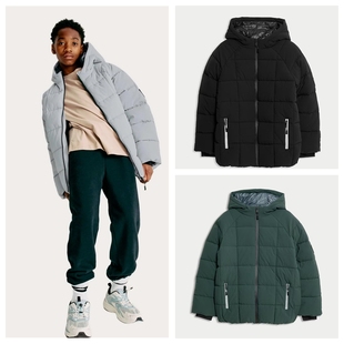 冬季 16岁男童纯色纹理拉链夹克棉服 外贸儿童保暖连帽棉袄 1C2