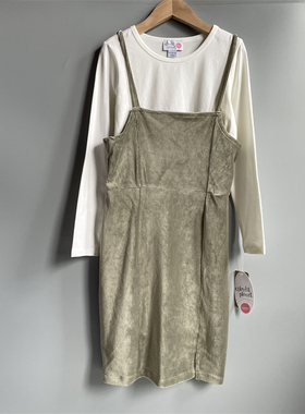 8B0 外贸女童纯棉弹力T恤吊带裙两件套 春秋7-16岁白色圆领T