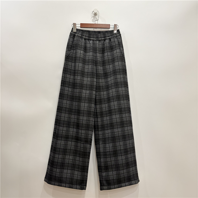 M1 自制女士冬季一体绒格子长裤保暖秋冬女装宽松百搭直筒卫裤