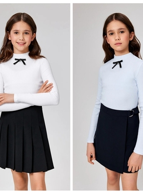 5A2 俄单女童纯棉长袖T恤 春秋122-164罗纹弹力纯色圆领打底衫