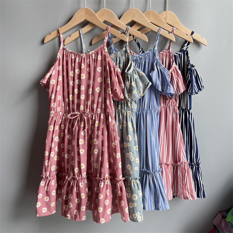 8c3 外贸女童雪纺吊带连衣裙 夏季7-12岁露肩碎花条纹束腰休闲裙