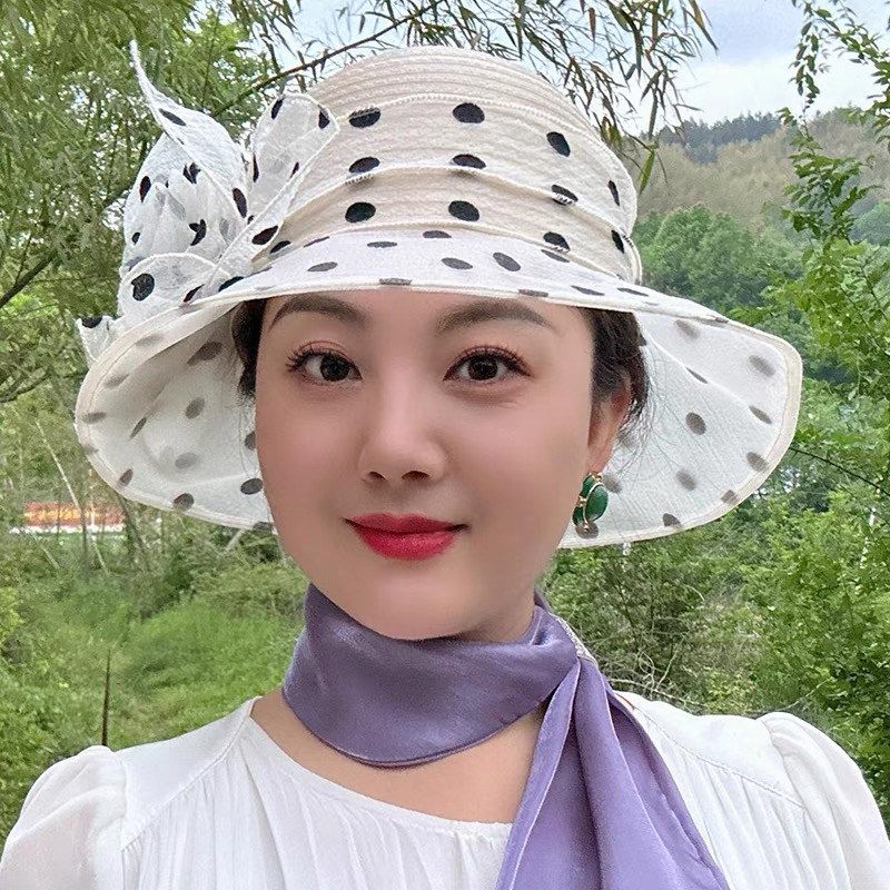 夏季新款欧根纱帽子女优雅圆点花朵渔夫帽防晒透气百搭法式太阳帽 - 实物图