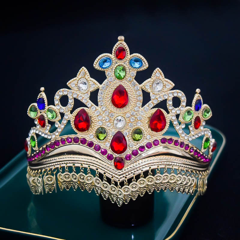 民族舞蹈头饰复古宫廷风彩色宝石皇冠发饰女合金镀金流苏头饰