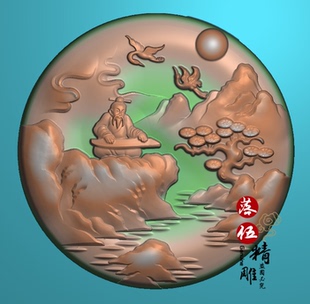 山水人家抚琴1359手拿如意精雕图 浮雕玉雕灰度图 电脑雕刻 JDP