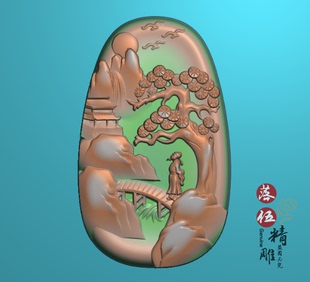 山水人物挂件6633李白乘船瀑布松树牌精雕图JDP灰度bmp浮雕图玉雕