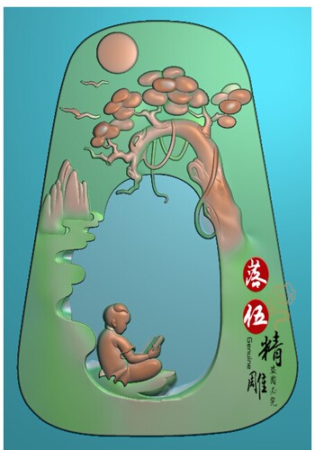 浮雕玉雕图电脑雕刻精雕图山水系列9765山水人物船桥风景佛玉牌子