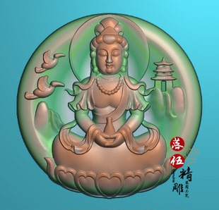 圆牌山水正坐观音8416浮雕图jdp精雕图bmp灰度图药王观音抱净瓶