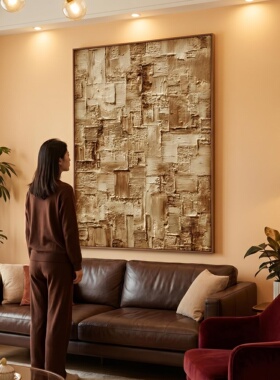 中古风肌理抽象客厅装饰画实木沙发背景墙手绘油画立体感餐厅挂画