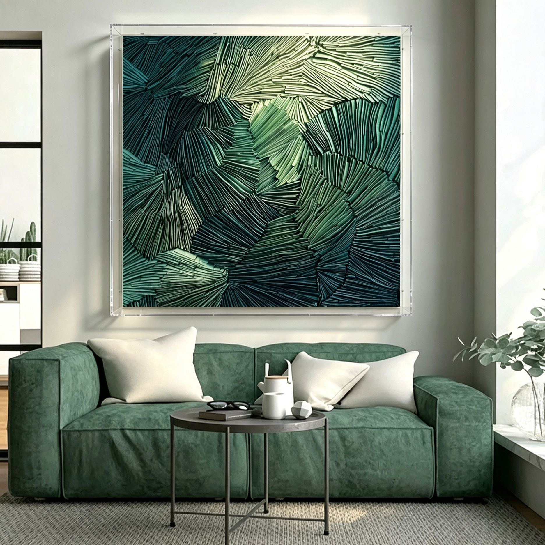 意式深绿手工立体纸条物装置艺术画亚克力防尘罩框沙发背景墙挂画