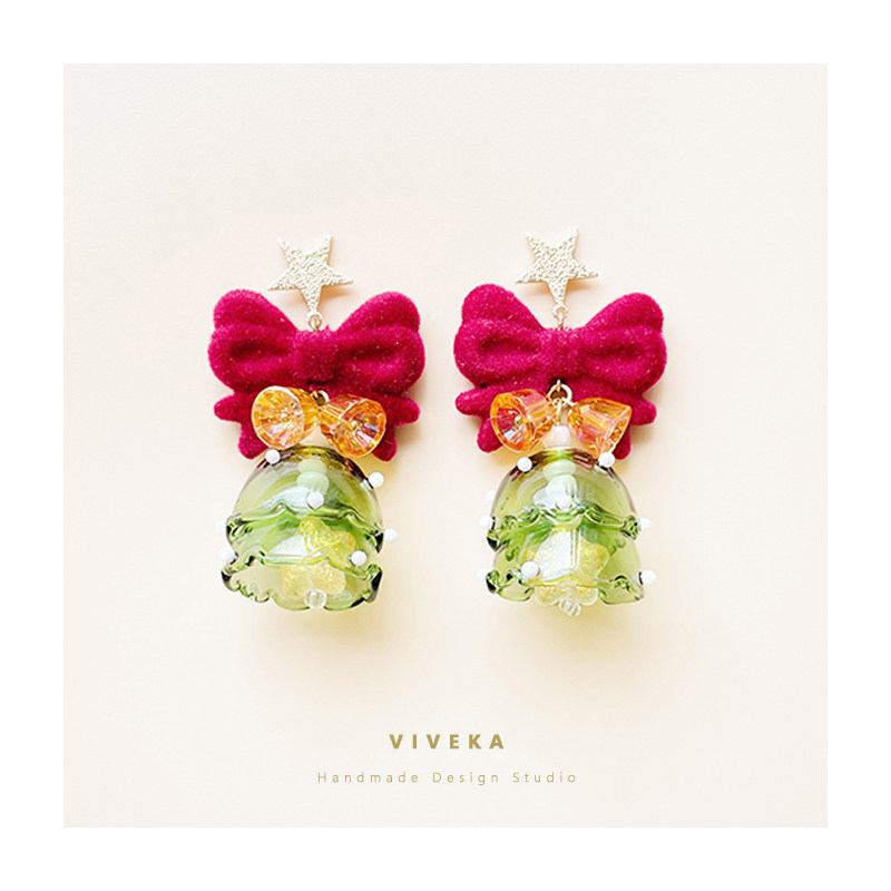 原创圣诞节耳钉五角星蝴蝶结铃铛耳环玻璃球圣诞树耳夹简约可爱女