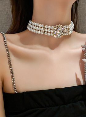 水晶镶钻多排珍珠项链欧美夸张大气短款颈饰choker复古网红项饰女