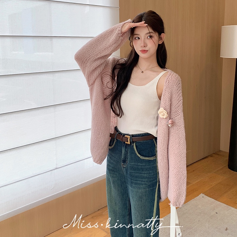 立体花朵水钻开衫吊带真两件套