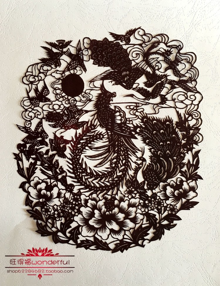 百鸟朝凤 祥瑞寓意 蔚县剪纸 手工刻 宣纸染色 只有黑色
