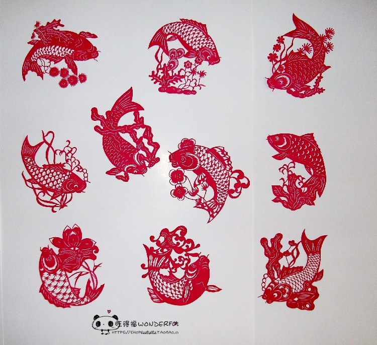 红色小鲤鱼10张一套 蔚县剪纸 手工刻 宣纸染色 出国礼品 窗花